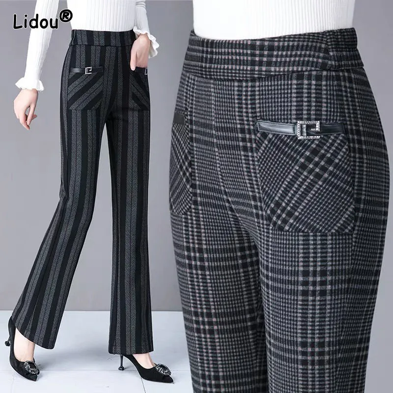 Vintage Striped Pockets Ankle-length Pants Elastic Waist Lattice Flare Pants Slim Three-dimensional Decoration Metal Belt Cotton corduroy black apricot color embroidered label decoration drawstring screw thread alphabet printing ankle length pants female