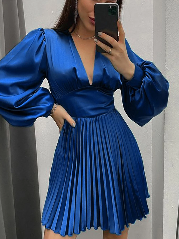 Women's V neck Satin Pleated Dress High Waist A line Long Sleeves Party