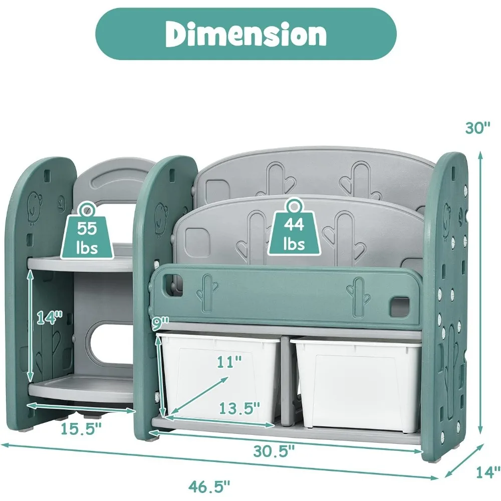 Kids Toy Storage Organizer, Toddler Bookshelf Cabinet w/ 2-Tier Bookshelf, 2 Shelves, 2 Removable Bins, (Green)