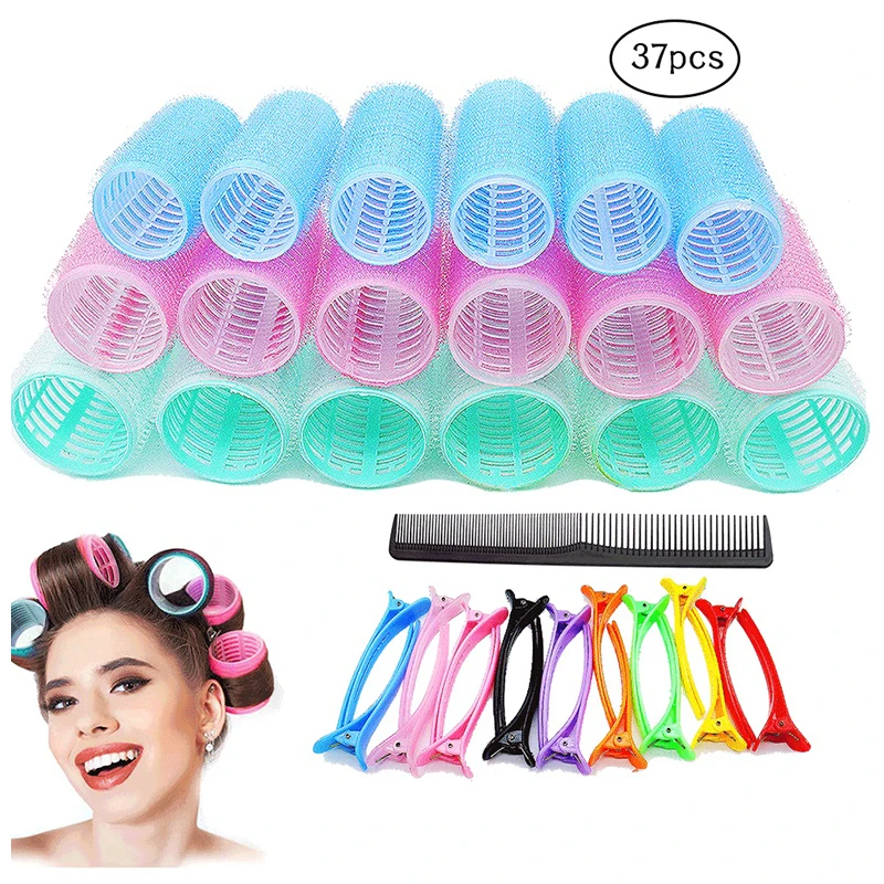 37Pcs Self Grip Hair Rollers Set Jumbo Size Hair Curlers No Heat DIY Salon Hairdressing Curling Hairstyling Tool with Clips Comb