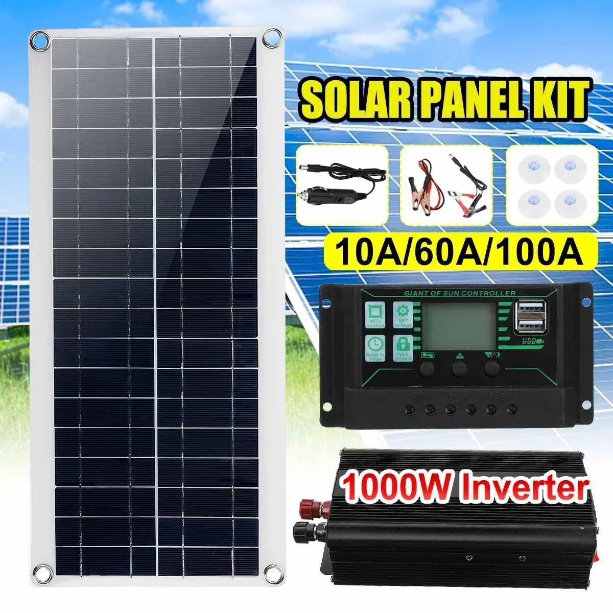 1000W 12V Pannello Solare Inverter Kit Sistema Di Pannelli Solari Car Van Boat Camper Caricabatteria + 1000W Inverter Controller 10A/60A/100A