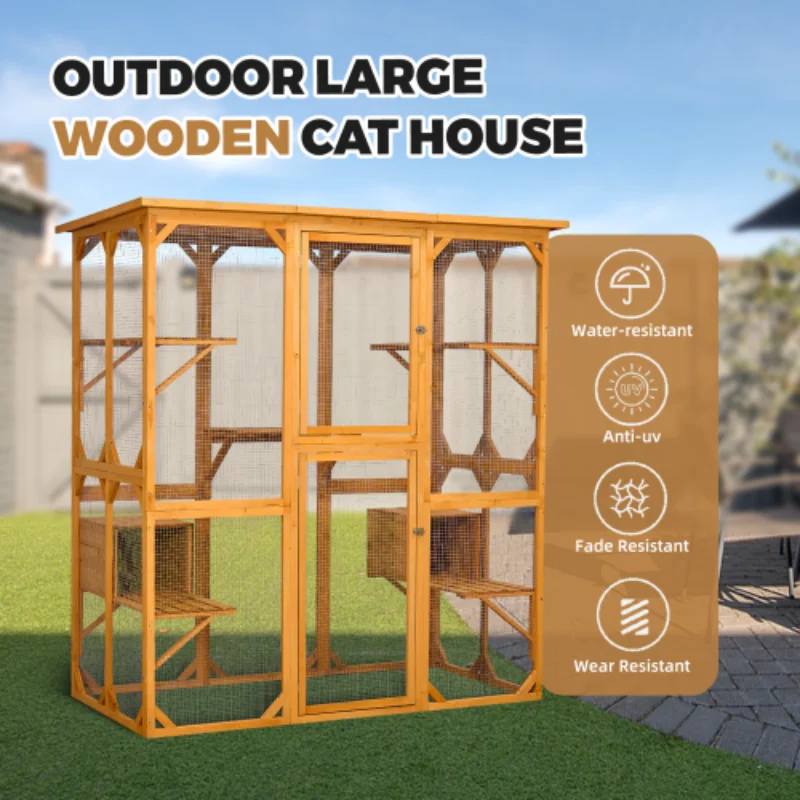 Catio Outdoor Cat Enclosure with Roof 72" Height Cat Wooden House Large Cage with 3 Jumping Platforms and 2 Napping Houses f