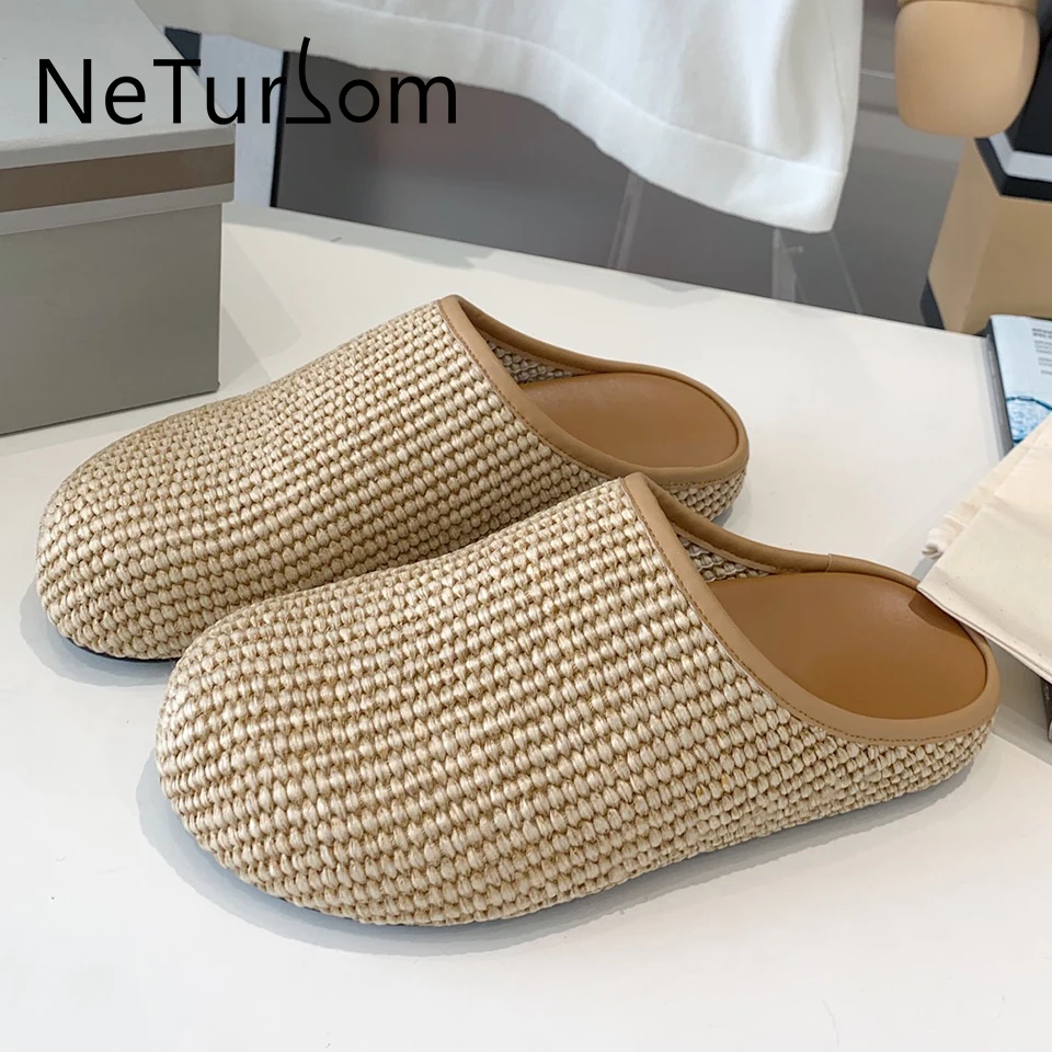 

Spring Autumn Couples Knitted Slippers Retro Round Head Flat Bottom Closed Toe Half Tugs Lovely Home Floor Men Women Casual Shoe