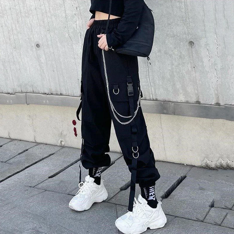 Cargo Pant  With Chain Pockets Elastics High Wais Black Jogger Trousers Summer Hot Punk Harajuku Streetwear Woman Pants women's clothing