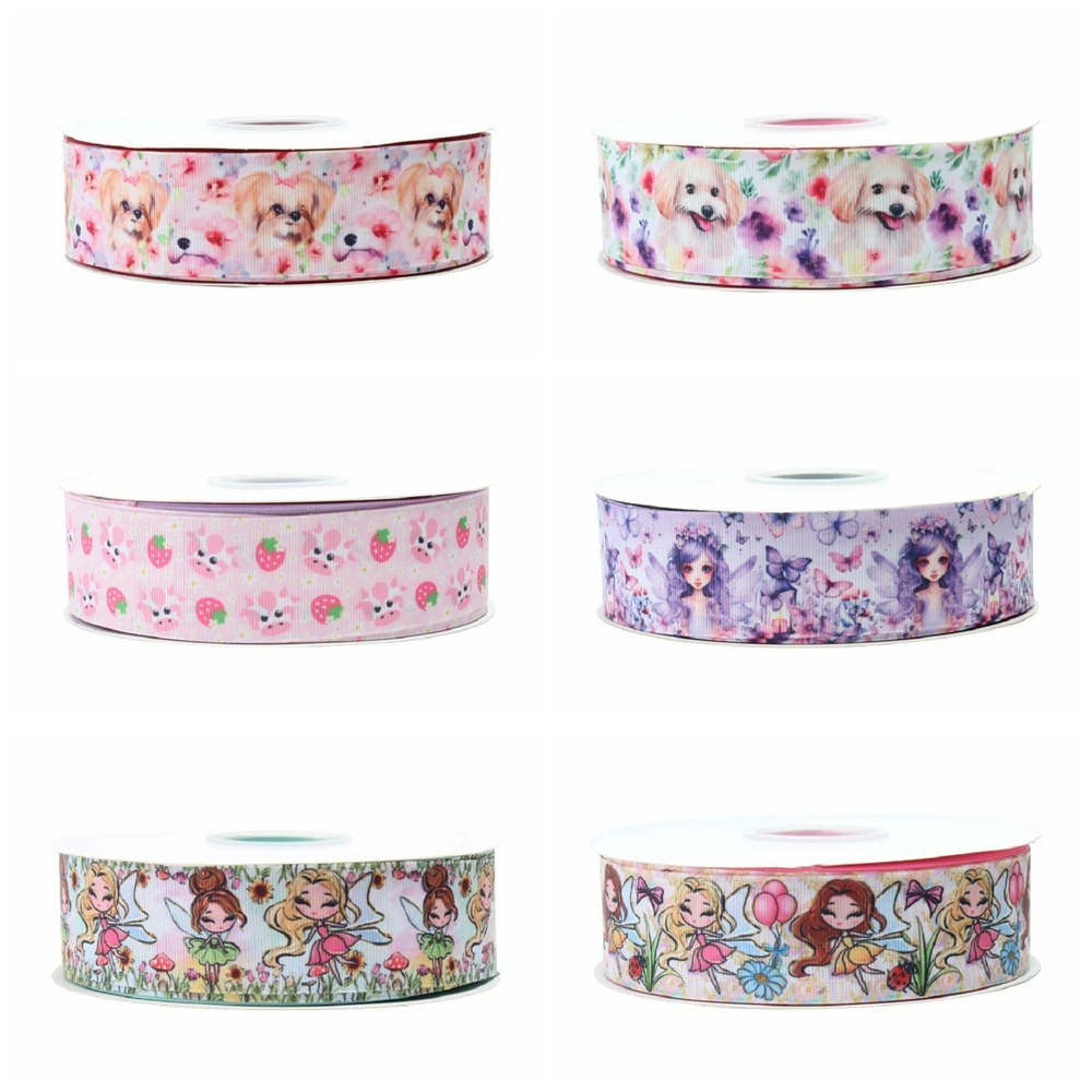 5 Yards Fairy And Dog Cartoon Stampato Nastro In Grosgrain Per Fiocchi Per Capelli Regali Fai Da Te Materiali Artigianali