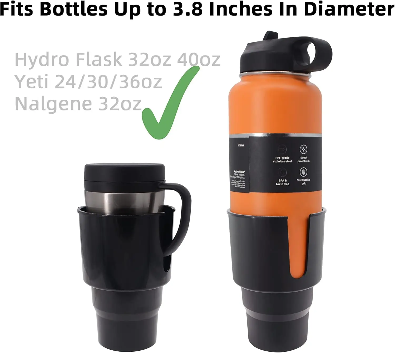 대형 차량용 컵홀더/컵 키퍼 음료 밴드 (하이드로 플라스크 32oz, 40oz, 50/50 플라스크, 예티 24/30/36oz, 넬게네 32oz, 커피 머그컵용)