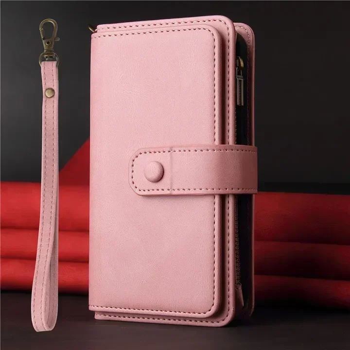 Luxury Leather Multi-Card Zipper Wallet with Lanyard Wristlet