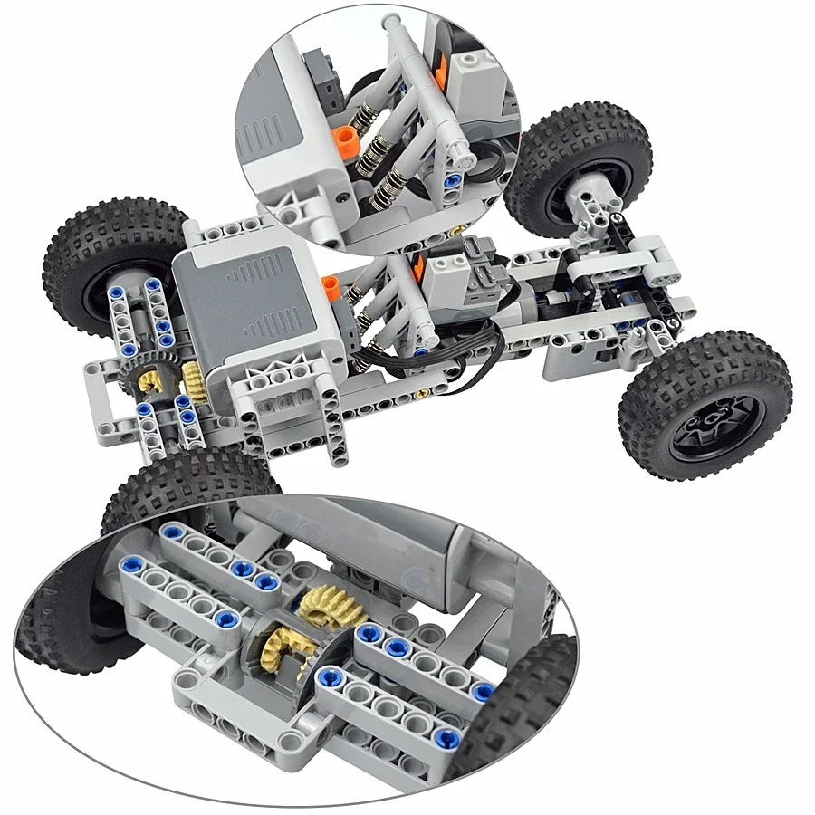 Détail des blocs techniques de la voiture télécommandée MOC RC à construire, avec pièces éclatées.