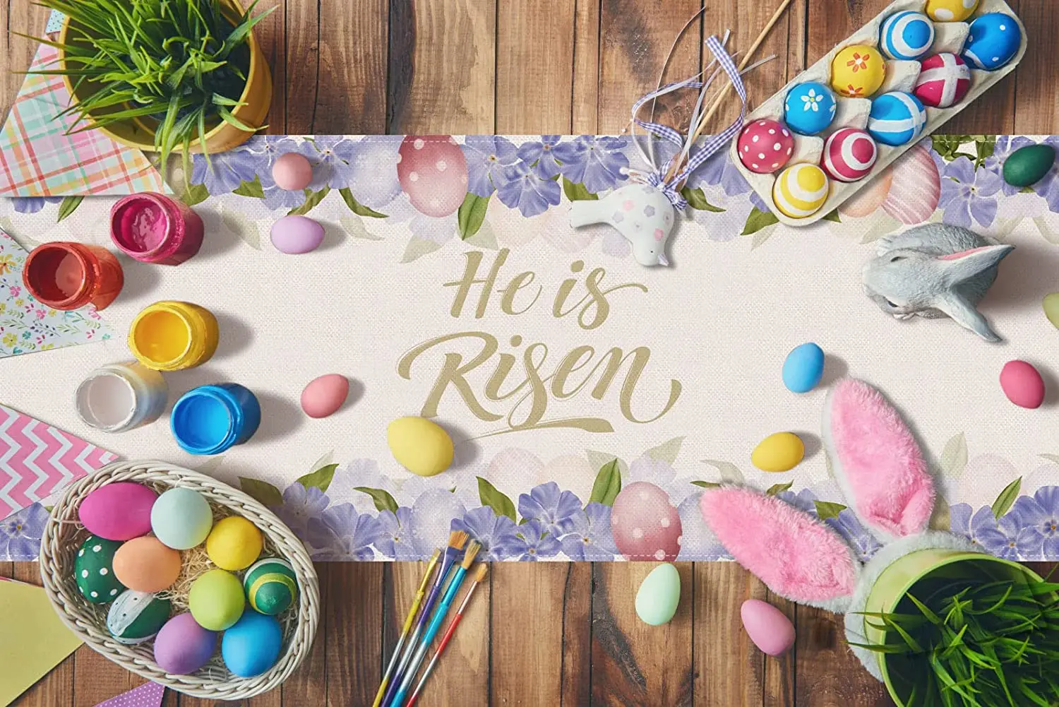 Linen He Is Risen Table Runner Holiday Party Decoration Easter Egg Jesus Ressurrection Cross Kitchen Dining Tbale  Decor 4