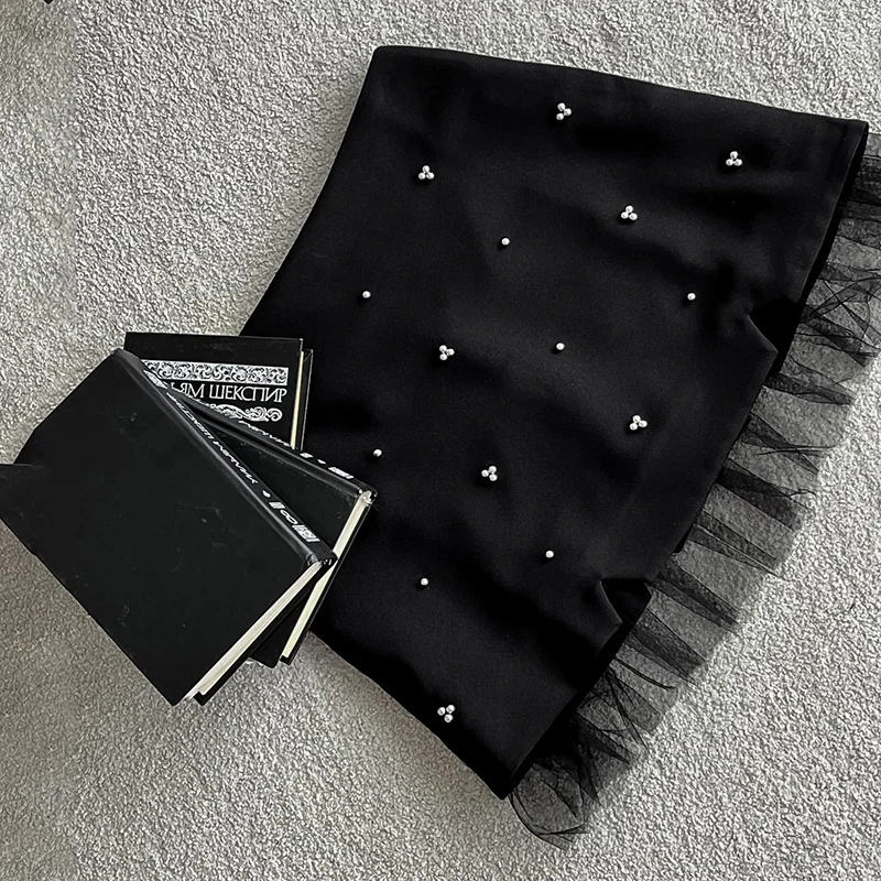 TARUXY Black Lace Splice Mini Skirt For Women Beading High Waisted Sexy Slim Hip Wrap Skirt Female Clubs Party Skirt Summer New