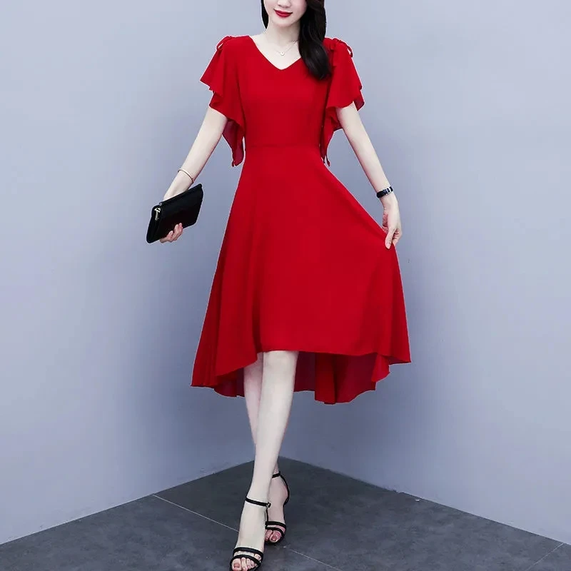 Summer Red Chiffon Chic Prom Wedding Midi Dress Donna Elegante Casual Soldi Beach Holiday Dress 2024 Coreano Bodycon Party Vestido