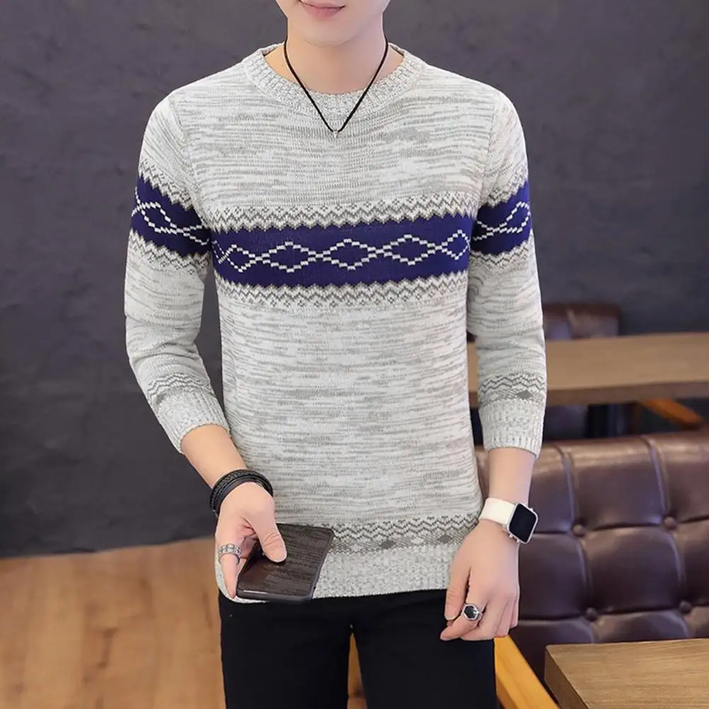 

2024 Men's Spring and Autumn Thin Elastic Crew Neck Pullover Personality Stripe Colorblock Fashion British Style Sweater
