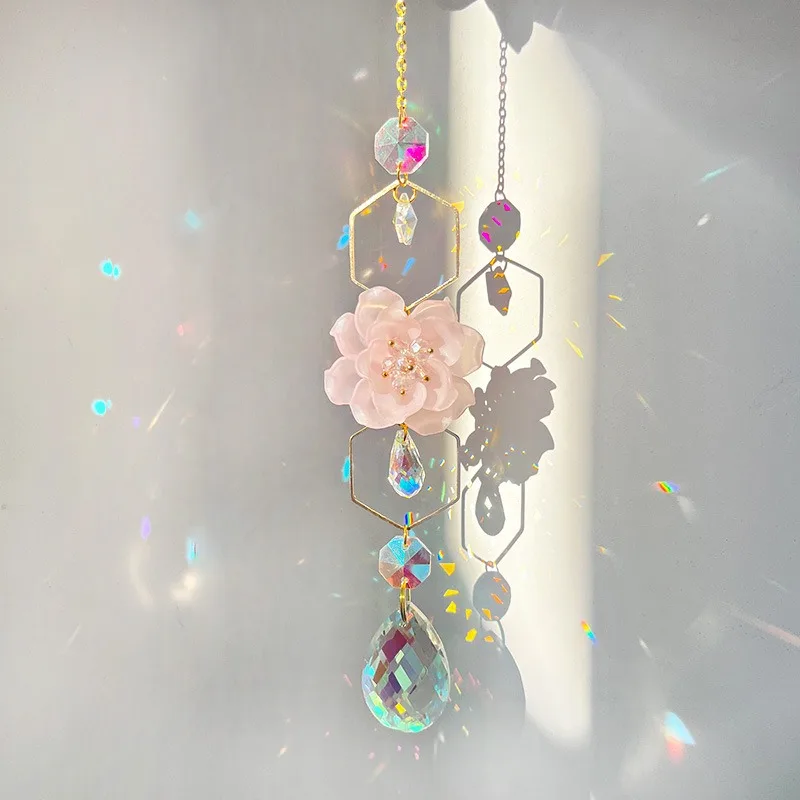 42cm Suncatcher Crystal Rainbow Maker Flower with Pink Stone Home Outdoor Garden Wedding Party Decoration Women Gift sun catcher,sun catchers