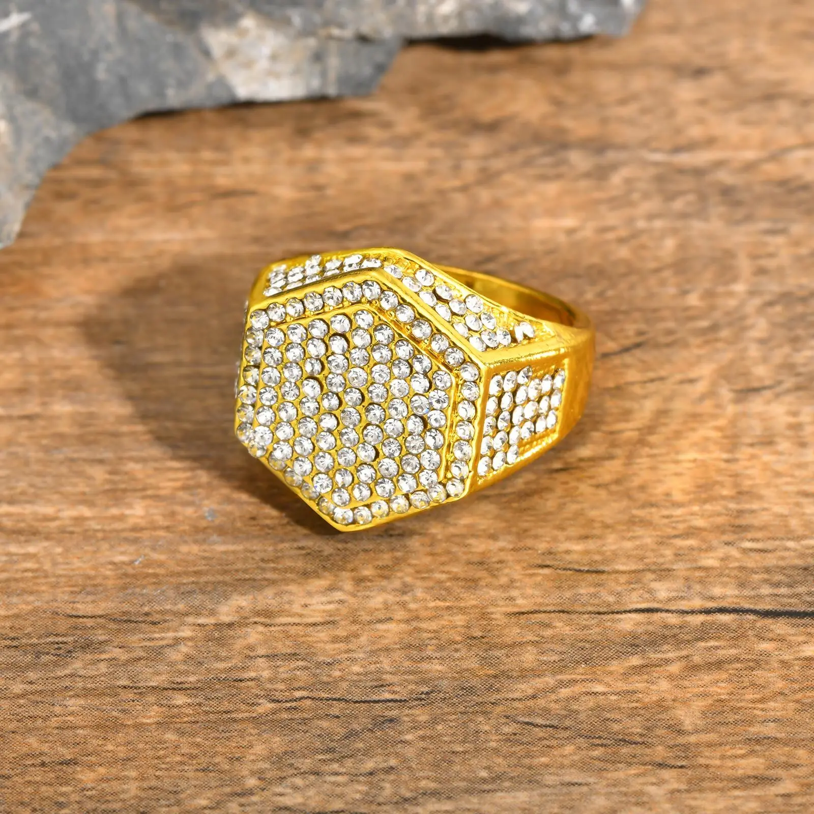 Hip Hop Gold Color Rings for Men,Fully AAA CZ Stone Geometric Stamp Ring,Punk Cool Rap Jewelry Gifts