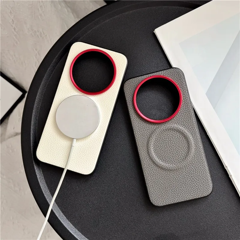 Luxury Magnetic Lychee Pattern PU Leather Non-Slip Cover with Metal Camera Frame