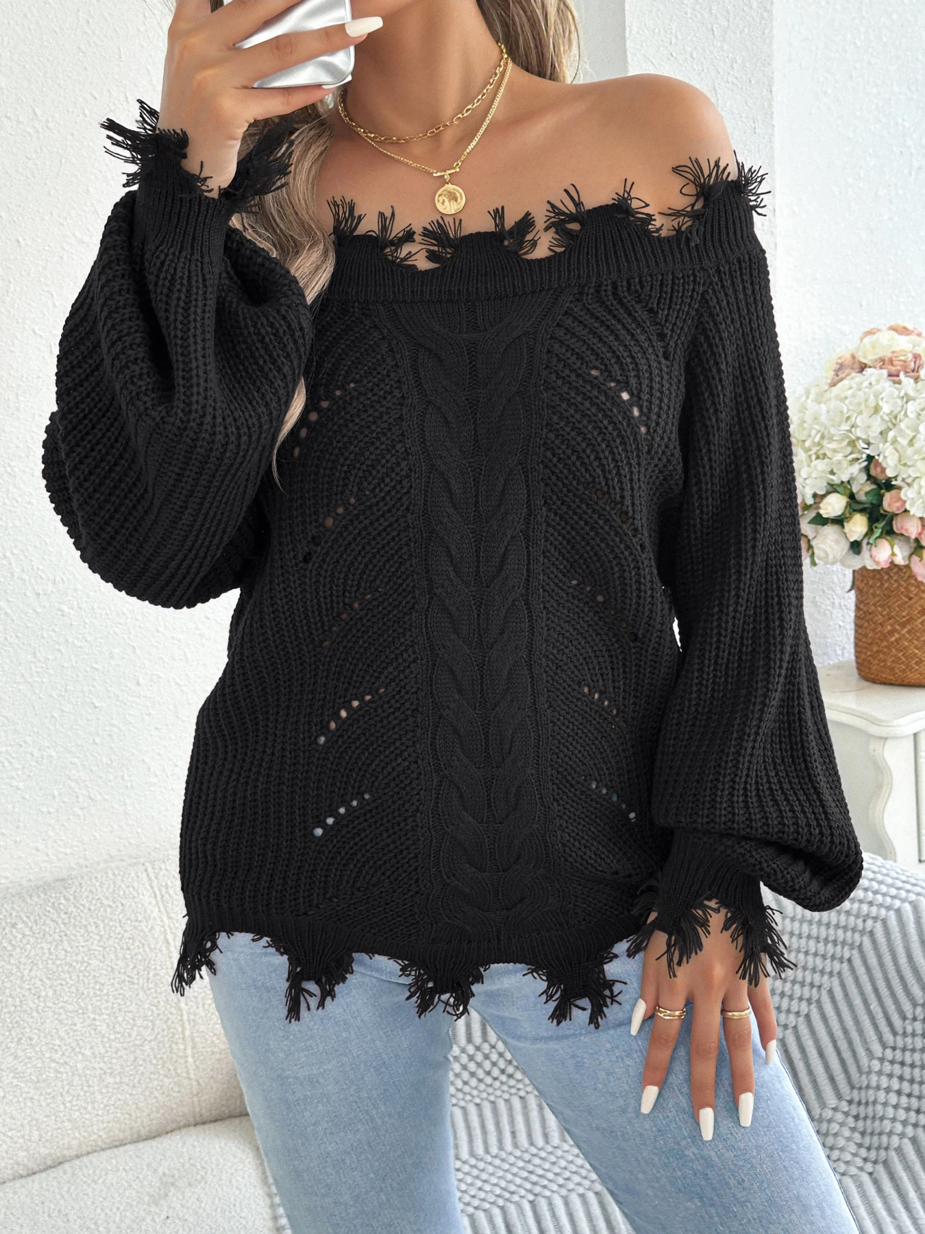 Autumn Winter Solid Color Off Shoulder Knitted Sweater