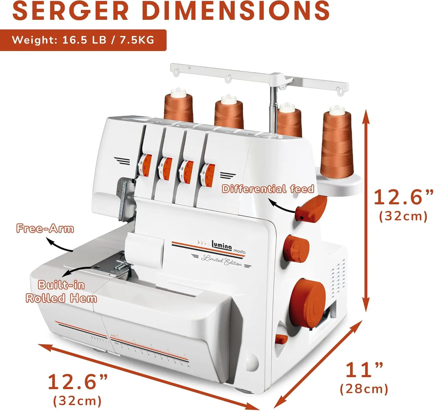 Lumina Moda Serger Overlock Machine With 2-3-4 Stitch Capability, Heavy-Duty Metal Frame 1250 Stitches/Minute, Differential 4