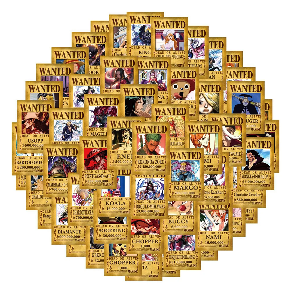 

10/30/50/100pcs Anime Cartoon One Piece Wanted Posters Stickers Laptop Skateboard Cool Cartoon Waterproof Sticker Decal Kids Toy