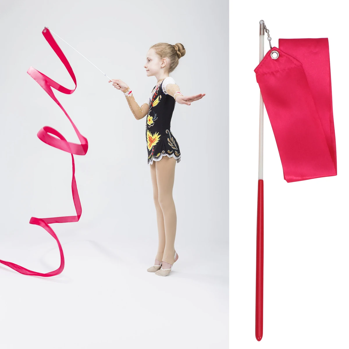 Colorful Gym Dance White Satin Ribbon 2Meters rhythmic girl gymnastics ballet streamer twirling rod rainbow stick 12pcs