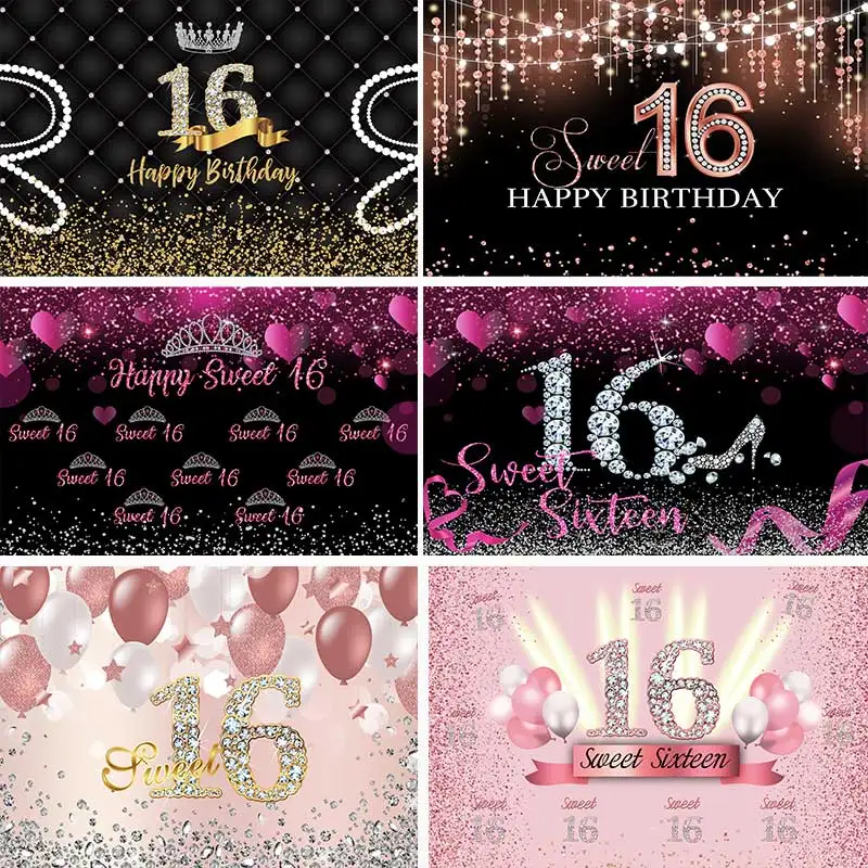 

Sweet 16 Party Backdrops Children Kids Birthday Photography Cake Smash Crown Balloons Light Background Photo Shoot Studio