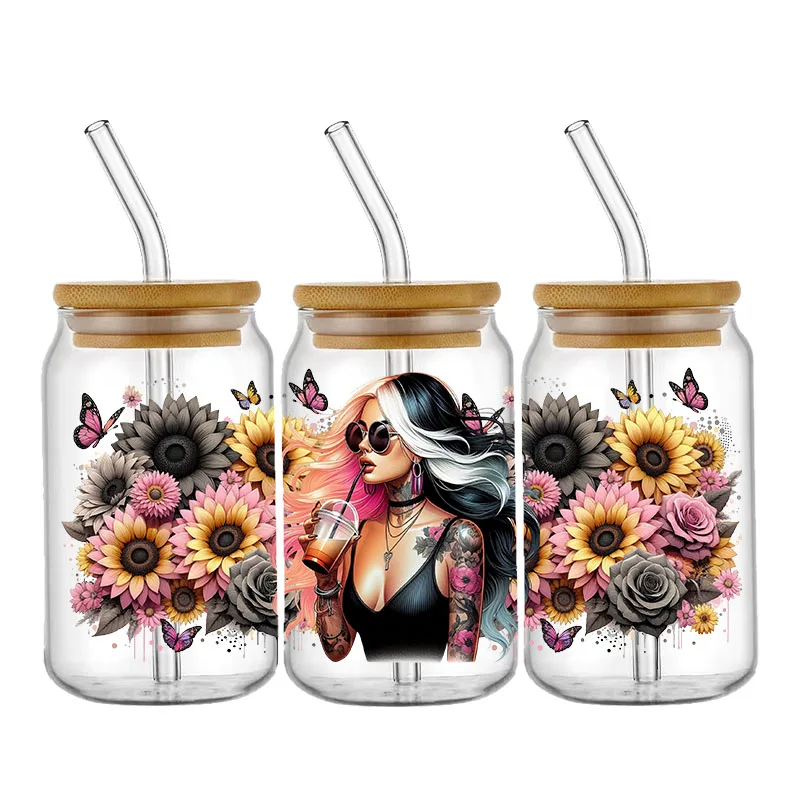 멋진 소녀 자신감 커피 UV DTF 스티커 16oz 컵 랩 전송 스티커 사용자 정의 라벨 DIY 자기 접착 스티커