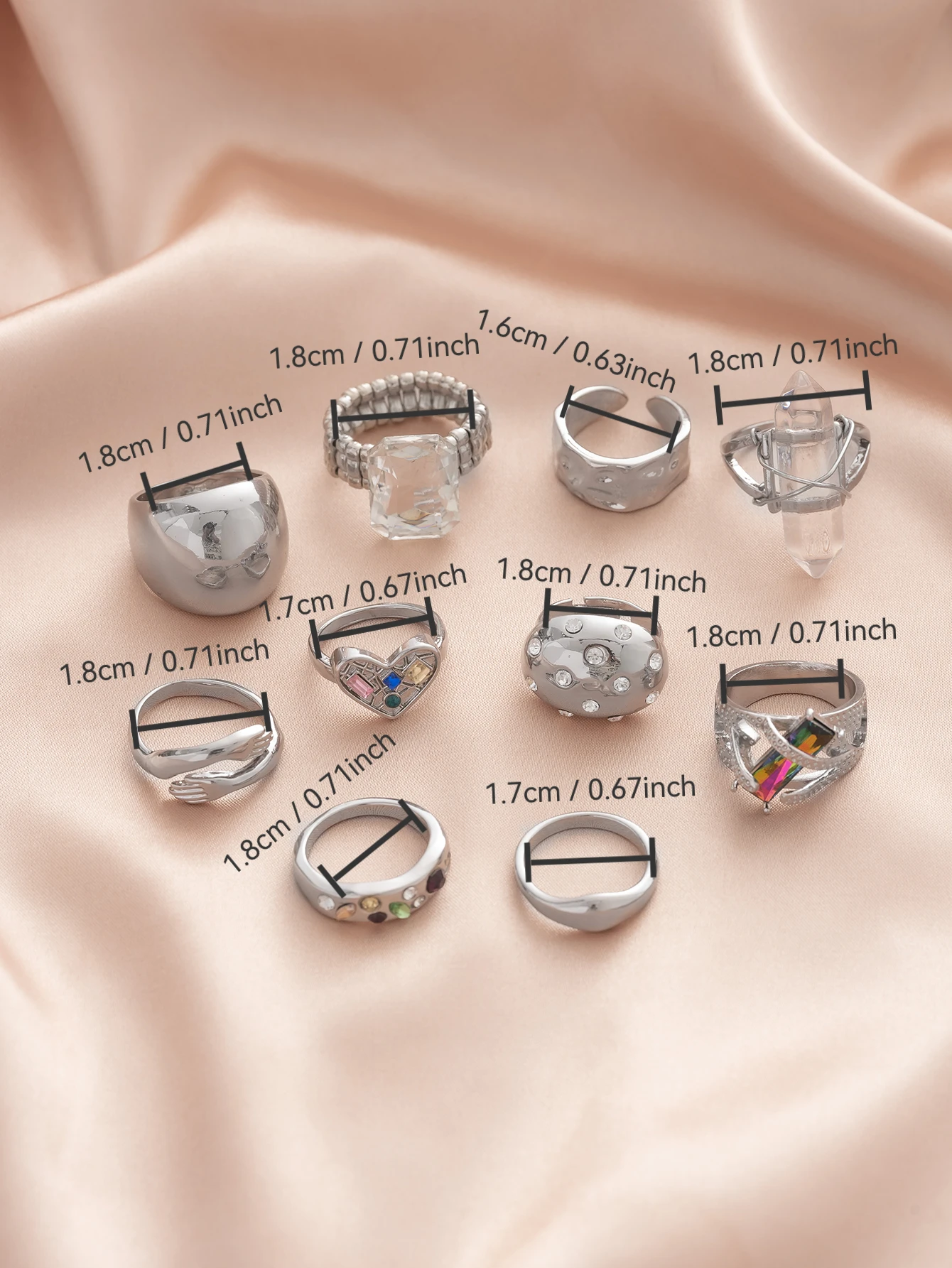 10PCS Personalized Hip Hop Color Synthetic Zircon Inlaid Ring Set for Women
