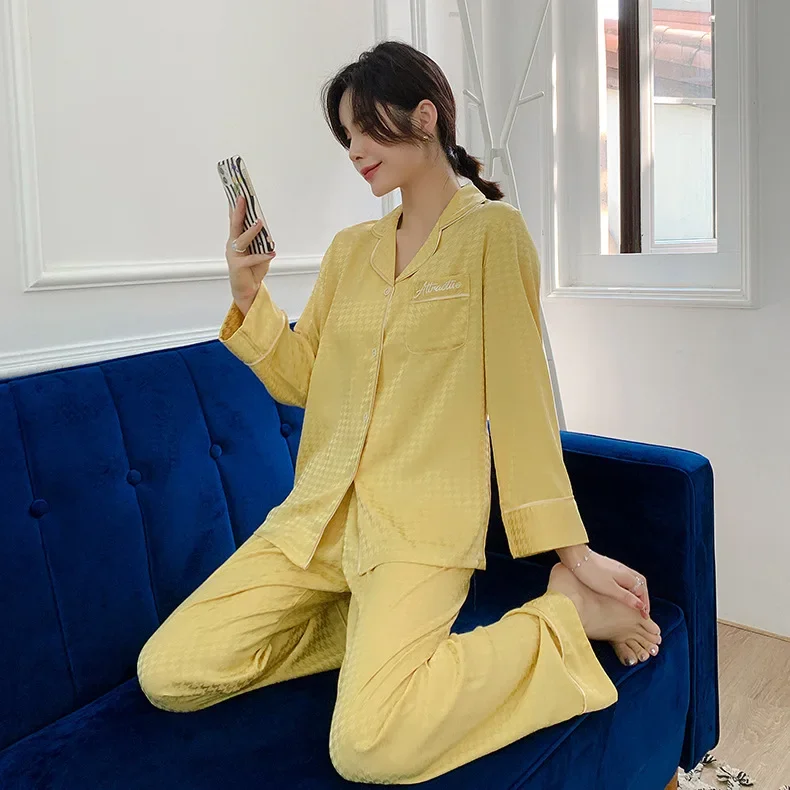Pajamas Set for Women Ice Silk Long-sleeved Luxury Home Clothes Houndstooth Sleepwear Homewear Women's Pajamas Autumn and Winter