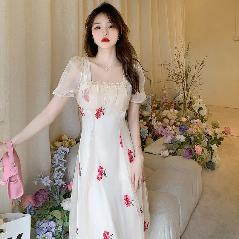 

Women Glam Summer French Style Chiffon Vestidos Sexy Perspective Gauze Square Collar Bright Beads Floral Fairy Dresses