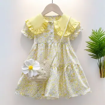 2026 new style children's summer dress, girls' chiffon doll-neck floral princess dress Give a bag as a gift, 1-7 years old 1
