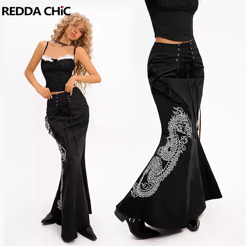 

REDDACHiC Retro Black Dragon Print Maxi Long Skirt Women High Rise Strappy Lace Trim Spliced Mermaid Bodycon Skirt Acubi Fashion