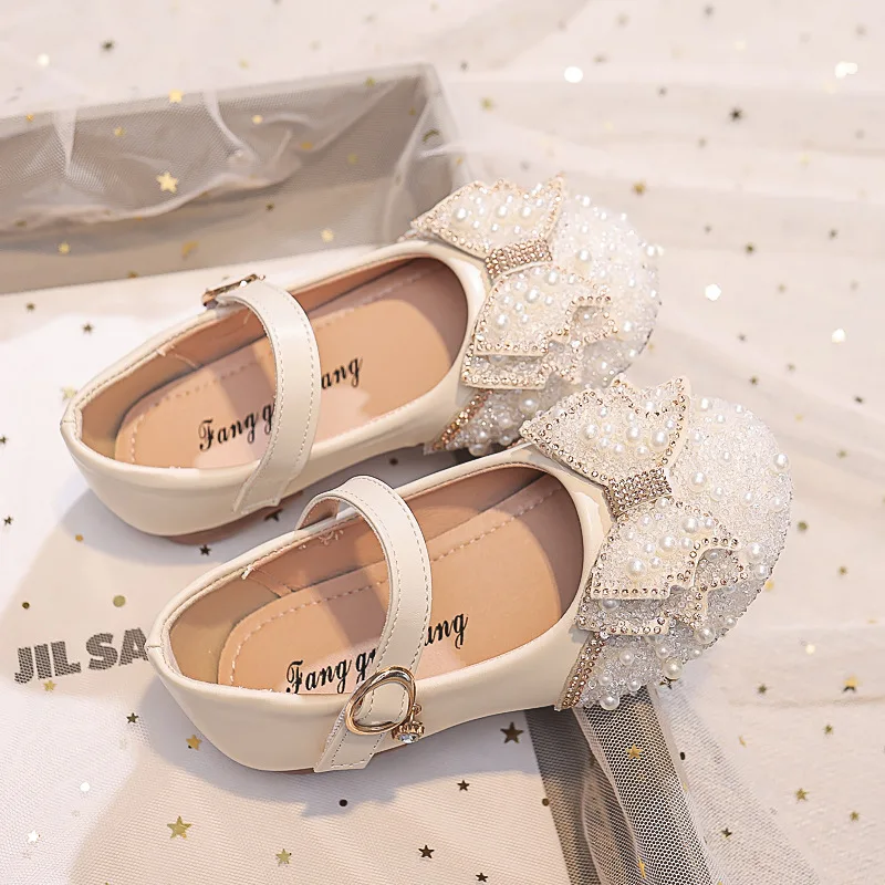 

Kids Leather Shoe Spring Autumn Children Princess Shoes Fashion Sweet Rhinestone Bowknot Girls' Flat Shoes for Wedding Shallow