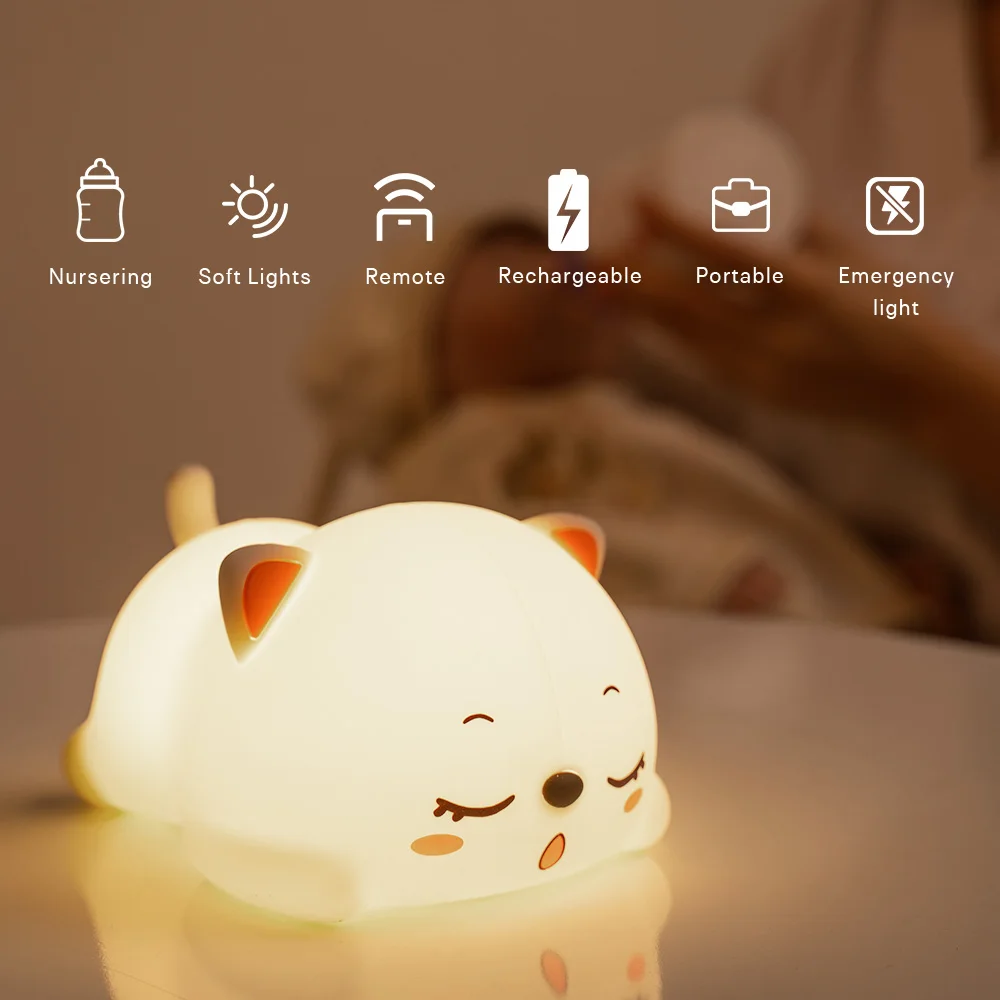 Cat LED Night Light Touch Sensor Remote Control Colorful Silicone USB Rechargeable Bedroom Bedside Lamp for Children Baby Gift