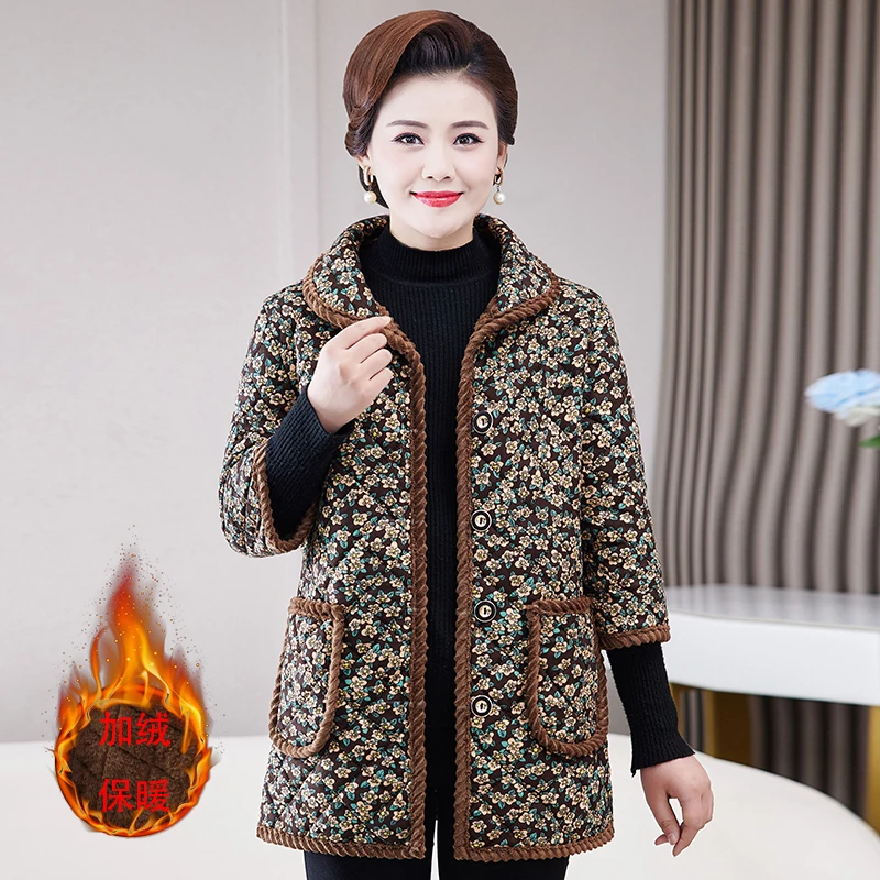 

Зимние Бархатные хлопковые комбинезоны для взрослых среднего возраста с рукавом три четверти Свободные корейские пальто с принтом для женщин и матерей