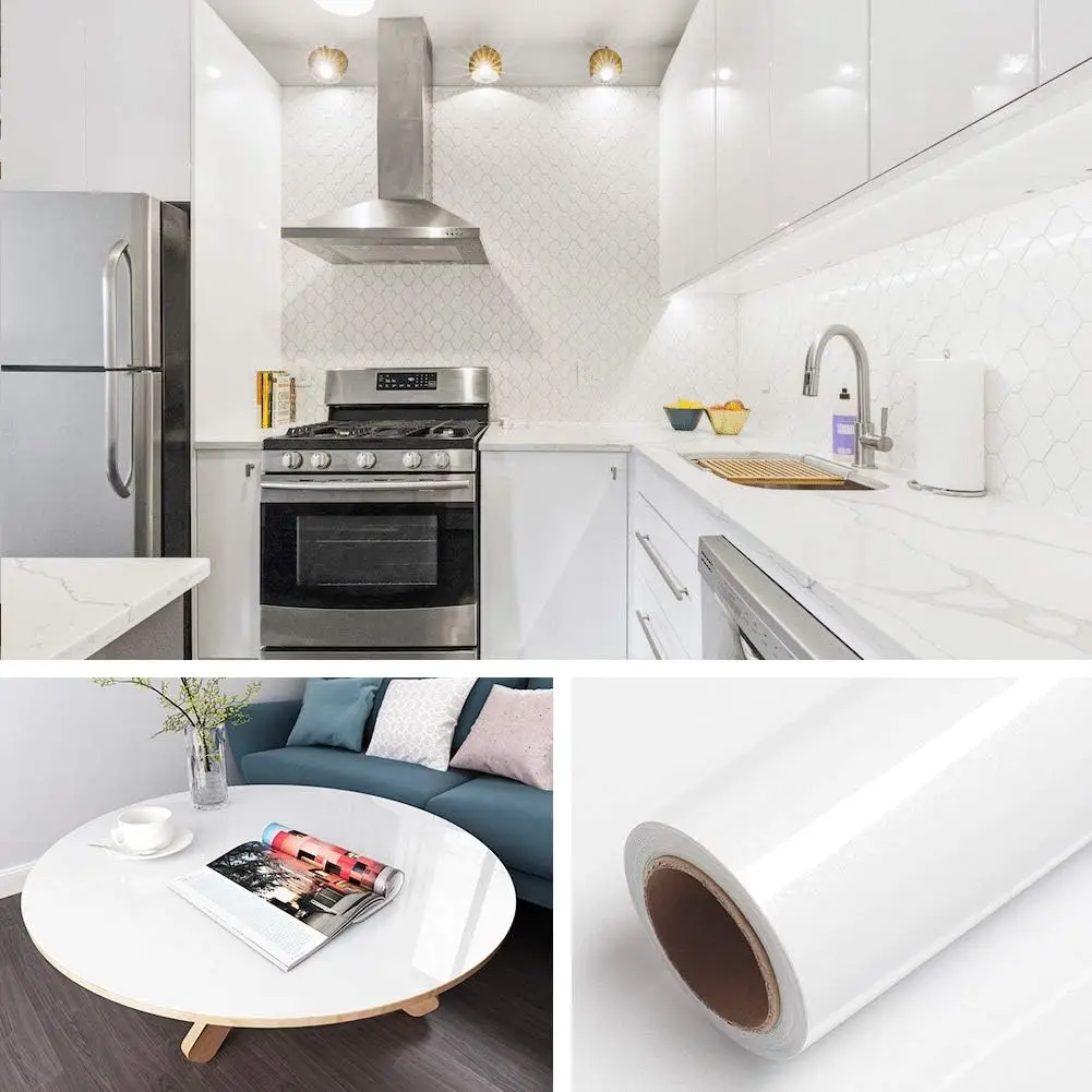PVC Self Adhesive Wall Paper Shiny  White DIY Decorative Film Furniture Renovation Stickers Kitchen Cabinet Waterproof Wallpaper 4