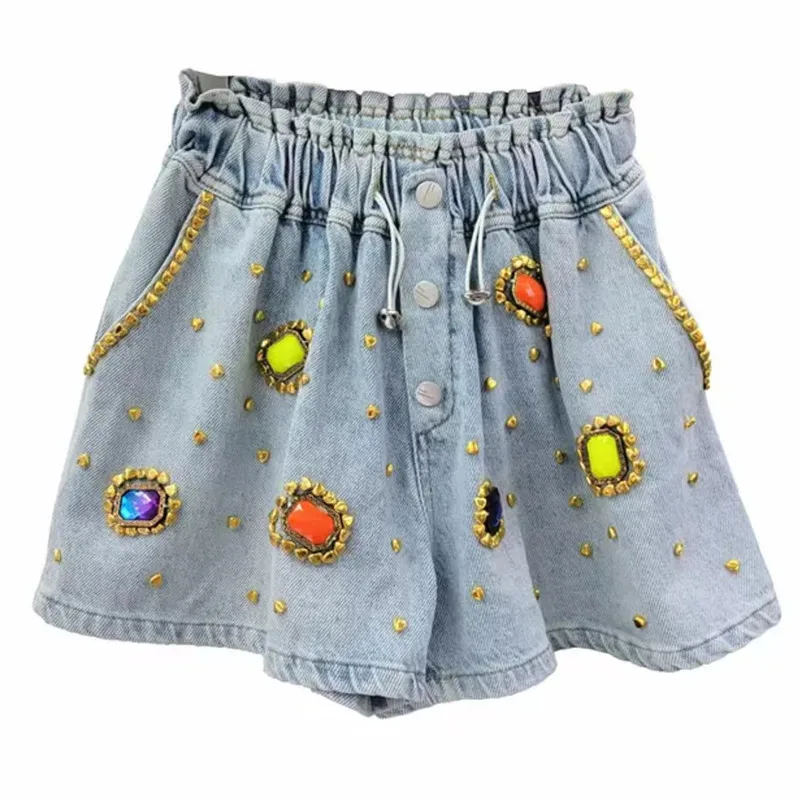 Street Style Beaded High Waist Denim Shorts 2024 Summer European Goods Exquisite Rhinestone Gem Wide Leg Shorts for Women