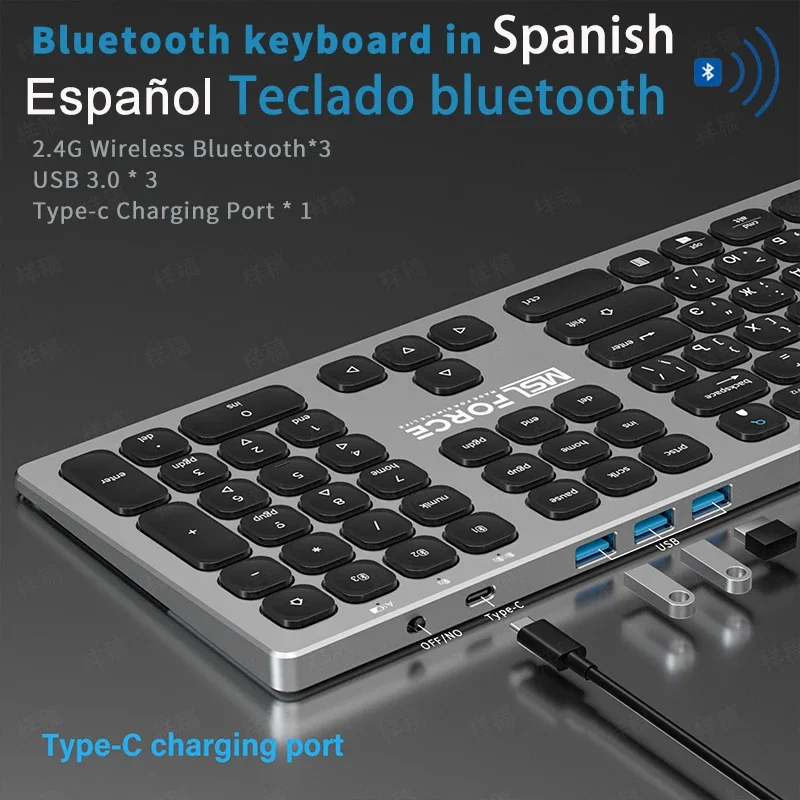 

spanish Russian keyboard rechargeable wireless blootooth low profile keyboards USB Silent aluminum keyboard with ñ for ipad pc