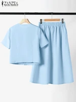 ZANZEA Casual Buttons 2PCS Suit Women Solid Skirt Sets Elegant Short Sleeve Tops Pleated Short Skirt Summer Office Dress Outfits - Image 5