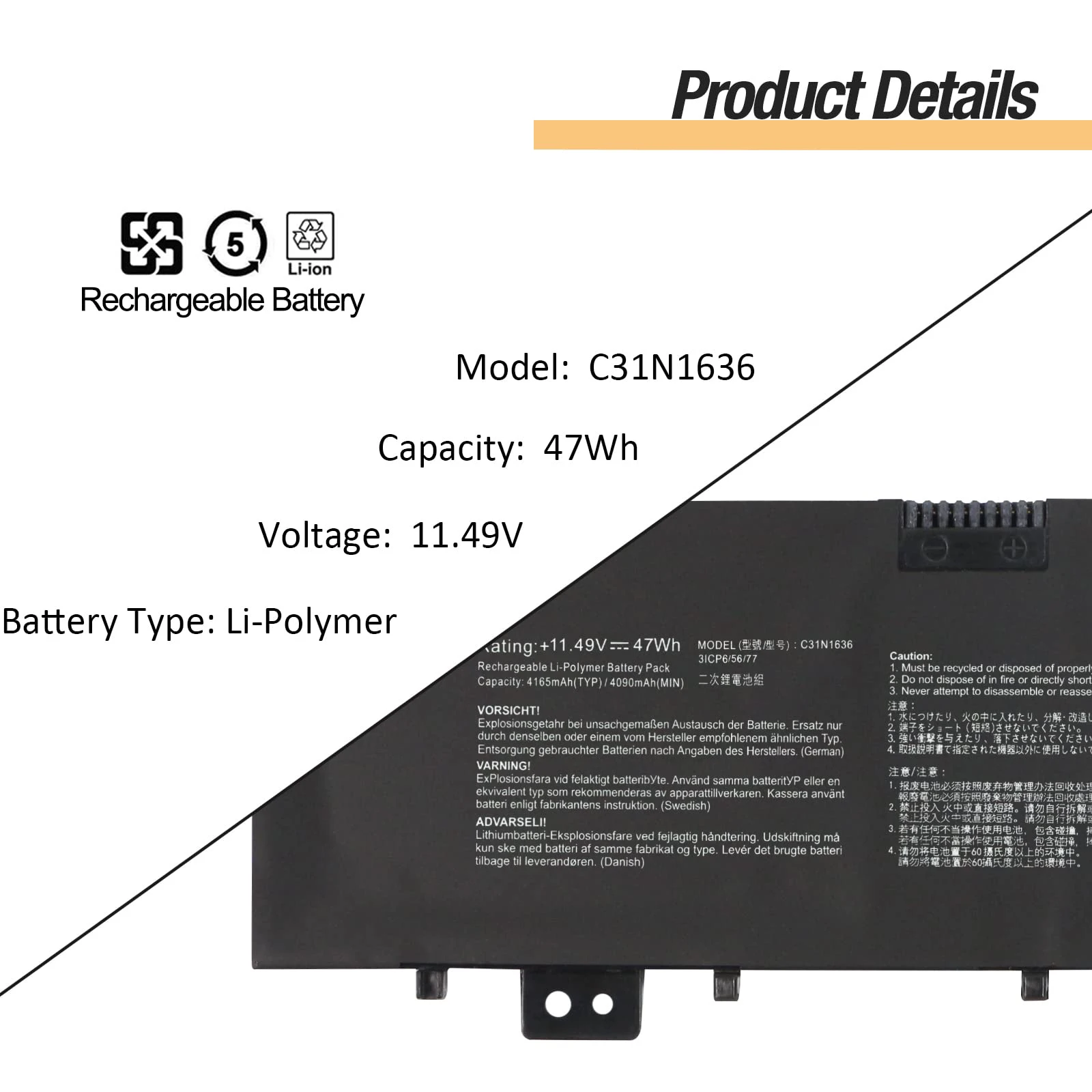 Batterie ASUS VivoBook Pro 15 N580V - 47Wh C31N1636 - Compatible FESTAS - NEUVE