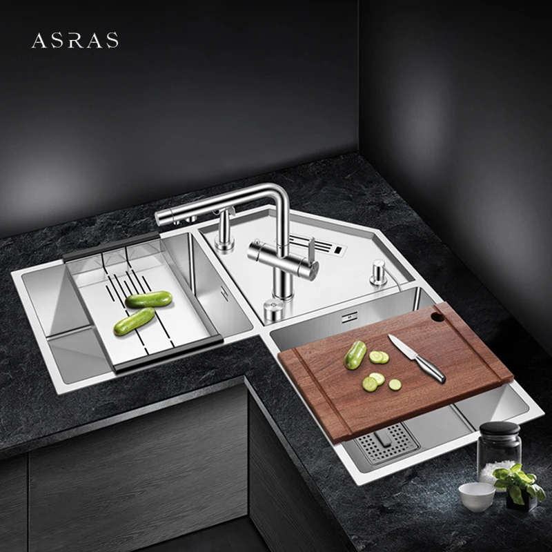 SUS 304 Stainless Steel Handmade Brushed Corner Kitchen Sink 4mm Thickness 4 Holes Double Kitchen Sinks With Knife Holder 2