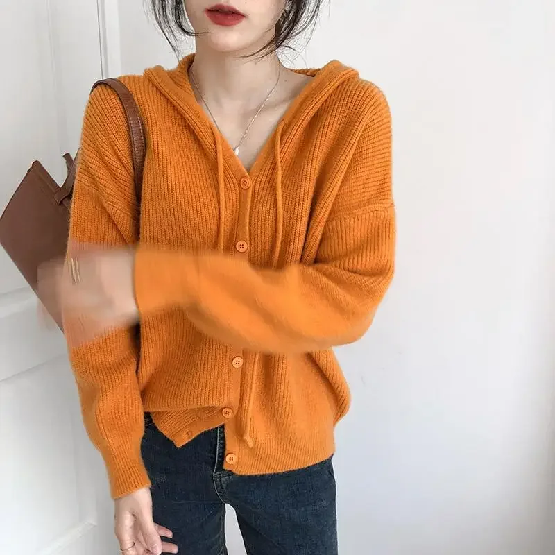 

Ladies Solid Color Cardigan Hooded Chic Fashion Simple Loose Casual All-match Knitting Retro Warmth Thickening S-3XL Comfortable