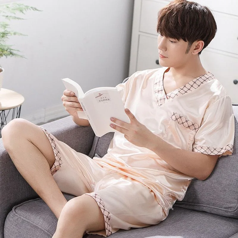 Silk Sleepwear Men Summer Short Sleeve Shorts Pajamas Sets Luxury Brand Nightwear Homewear Loungewear Loose Pajamas Korean