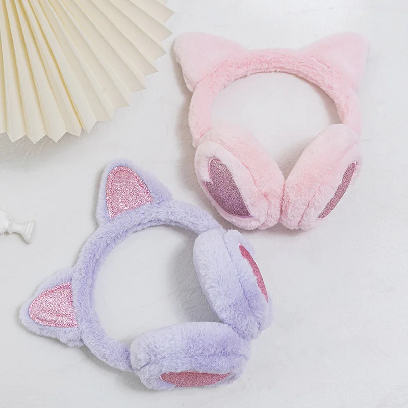 Cute Glitter Cat Ear Earmuff Soft Plush Warmer Winter Warm for Women Men cat ear earmuffs