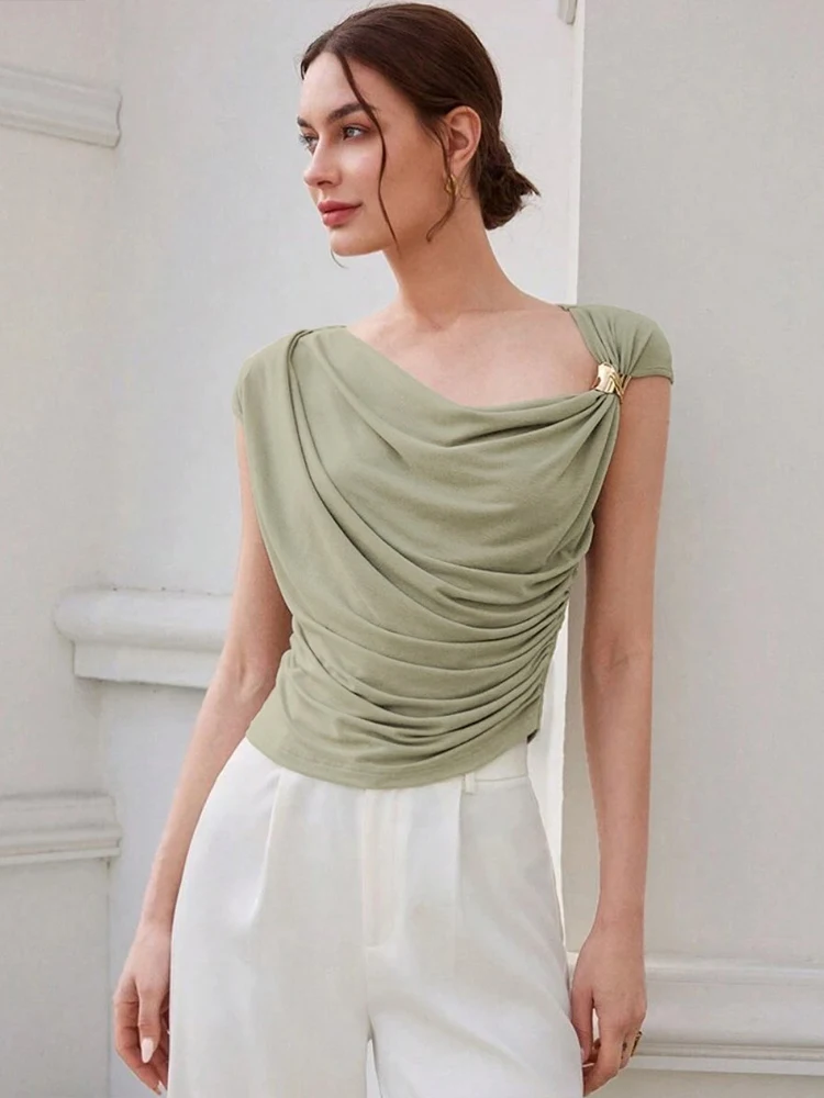 Nibber Simple Irregular Metal Knots Tops Women Temperament Pleated Skinny High Stretch Solid Daily Casual Streetwear Basic Tees