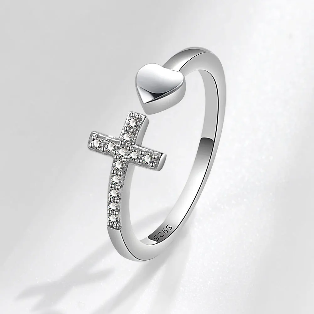 Sterling Silver Crystal Cross Heart Ring 4