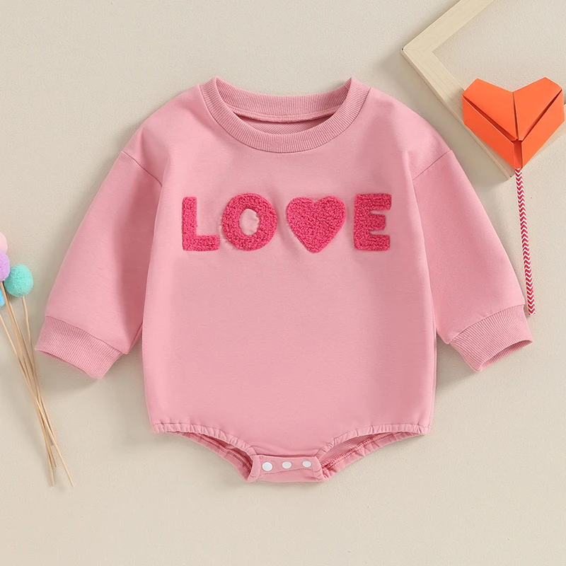 

2023-10-21 Lioraitiin 0-12M Newborn Infant Baby Girls Valentines Day Sweatshirt Romper Long Sleeve Heart Letter Print Jumpsuits