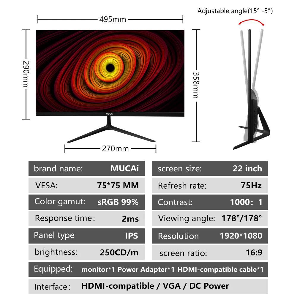 MUCAI 22 ġ  75Hz LED ÷ PC IPS HD 繫 ũž ǻ ȭ,  г 22 1920*1080 VGA/HDMI ȣȯ