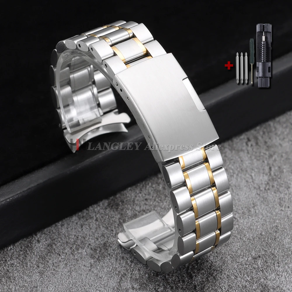 Sleek Stainless Steel Curved-End Watch Strap with Folding Buckle