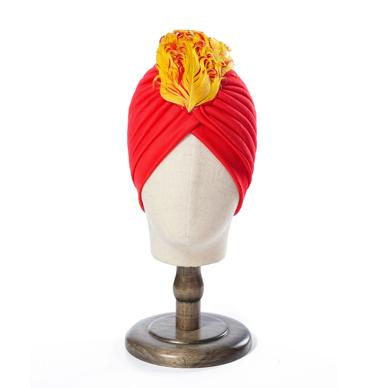 Fashion Women Feather Hat Arab India Pleated Turban Indian Cap Ladies Muslim Islamic Headwear Vintage Sultan Hat Headpiece 4