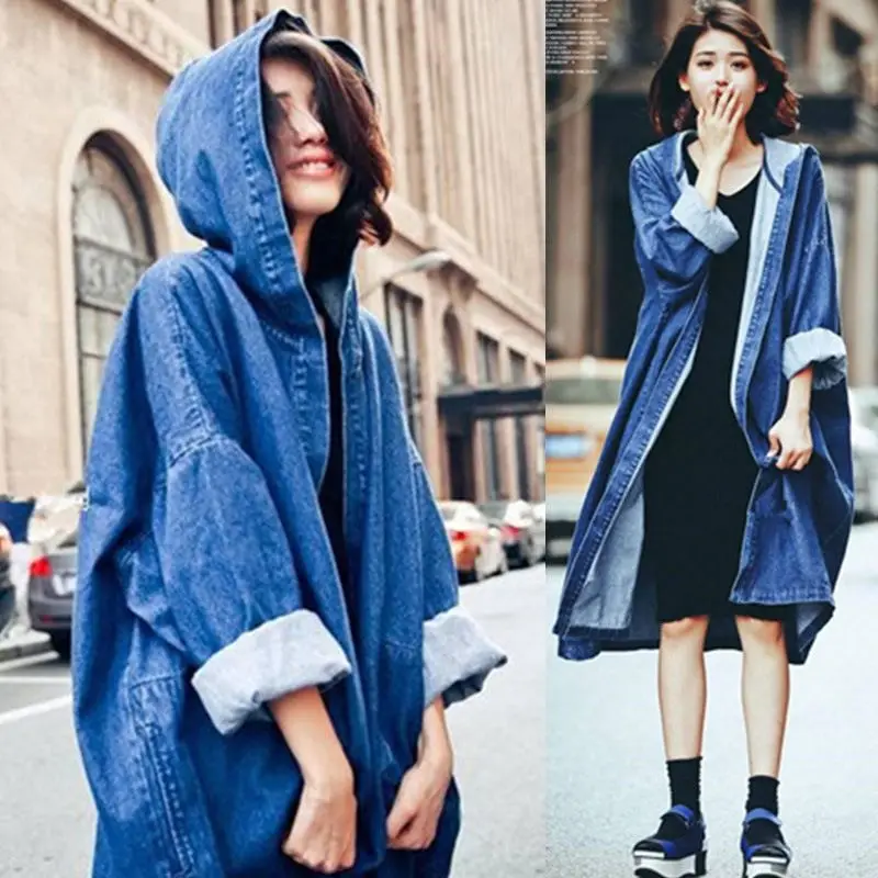 Women`s Hoodie Trench Windbreaker Cardigans Casual Loose Y2K Retro Harajuku Tops Long Hooded Denim Jackets Ladies Jeans Coats