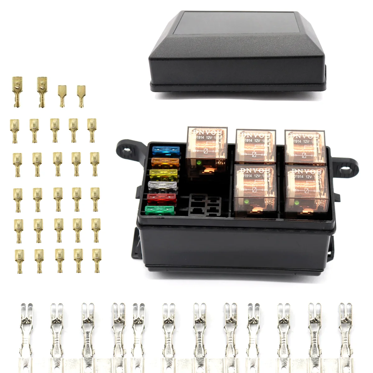 

6-Way 12V Fuse Holder Box with 5PCS 5Pin 12V 100A Relays and 1PC 12V 40A Relays for Car Truck Trailer Boat (Black)